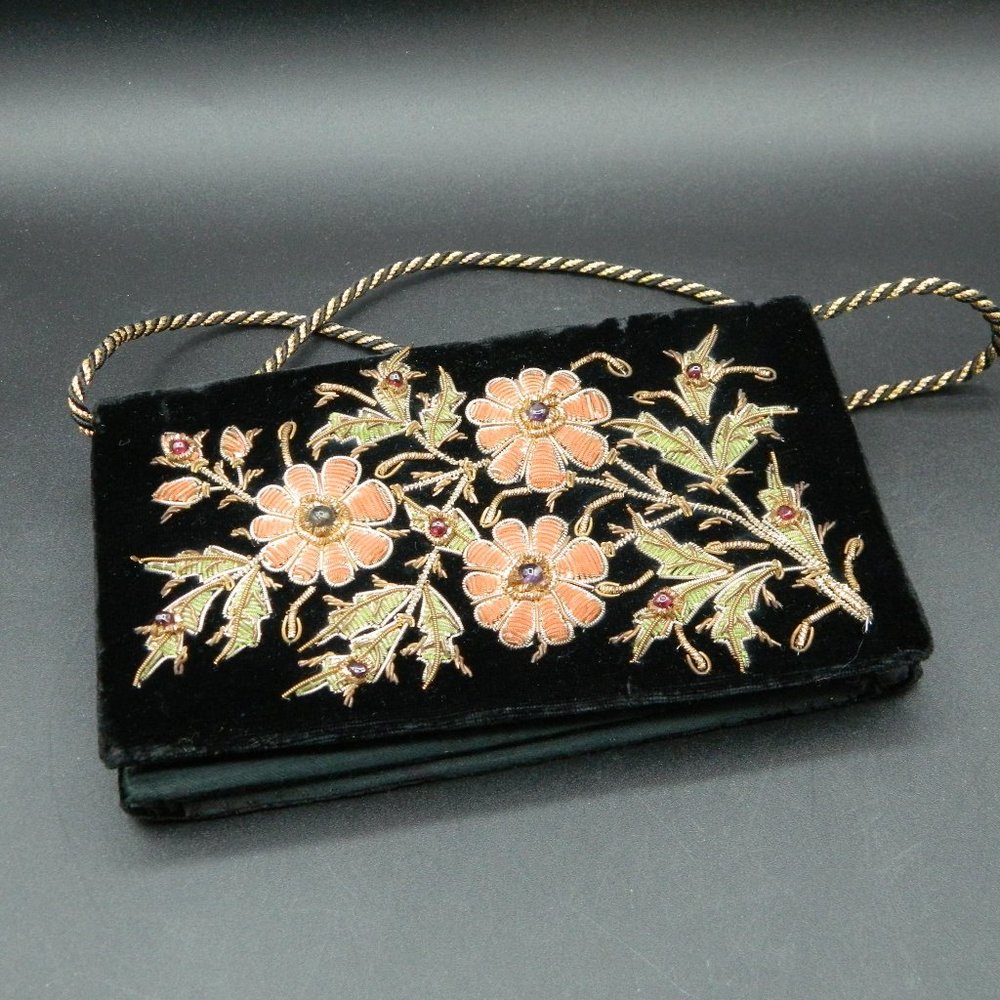 Vintage Zardozi Black Velvet Embroidered and Beaded Evening Bag w/shoulder strap